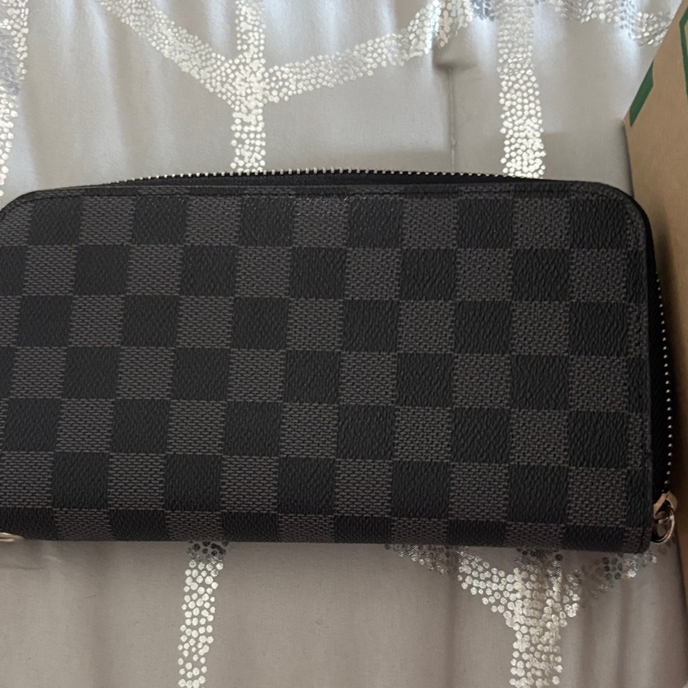 Black Checker Zip-Around Wallet - Textured Canvas